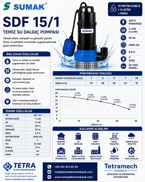 SUMAK SDF 15/1 Temiz Su Dalgıç Pompası 1.5 HP 220V | Tetra Elektromekanik