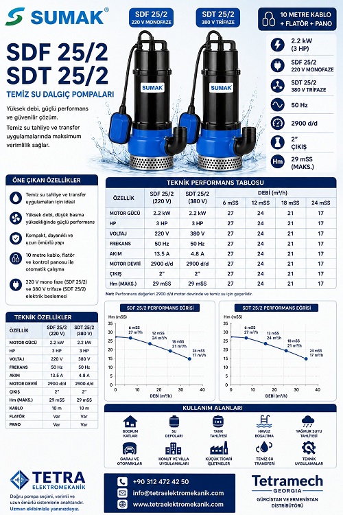 SUMAK SDF 25/2 ve SDT 25/2 Temiz Su Dalgıç Pompaları 3 HP | Tetra
