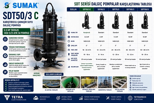 Sumak SDT50/3 C Karıştırıcılı Çamaşır Suyu Dalgıç Pompası 5.5 HP Trifaze Karşılaştırması ve Teknik Özellikleri