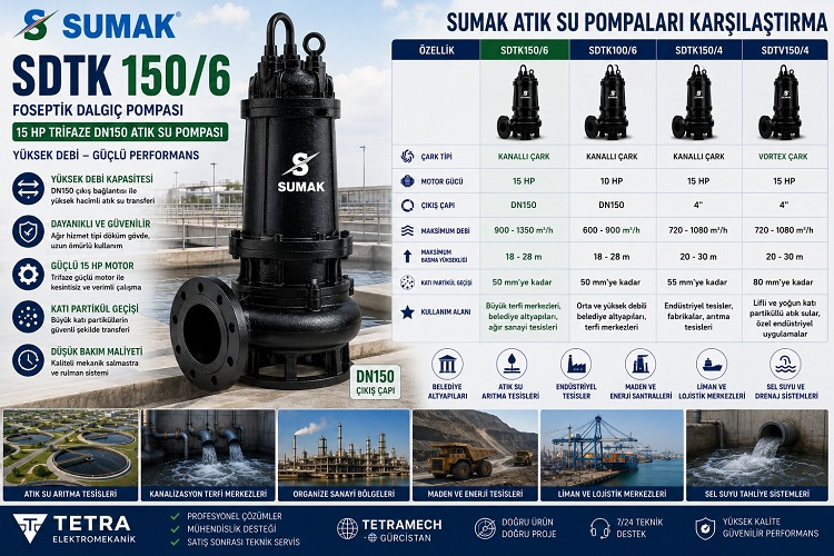 Sumak SDTK150/6 Foseptik Dalgıç Pompası 15 HP Trifaze DN150 Atık Su Pompası Karşılaştırması ve Teknik Özellikleri