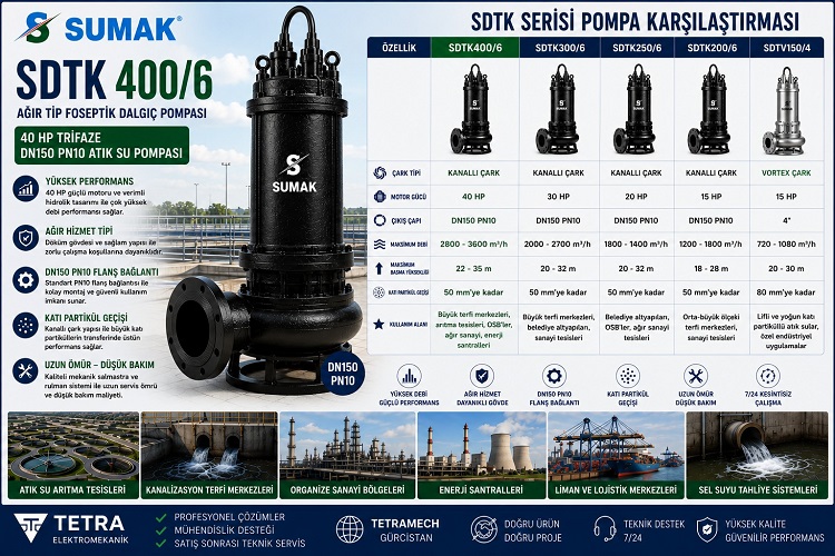 Sumak SDTK400/6 Ağır Tip Foseptik Dalgıç Pompası 40 HP Trifaze DN150 PN10 Atık Su Pompası Karşılaştırması ve Teknik Özellikleri