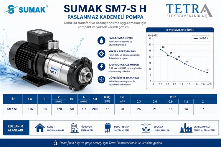 SUMAK SM7-S H Paslanmaz Kademeli Pompa 0,37 kW 0,5 HP