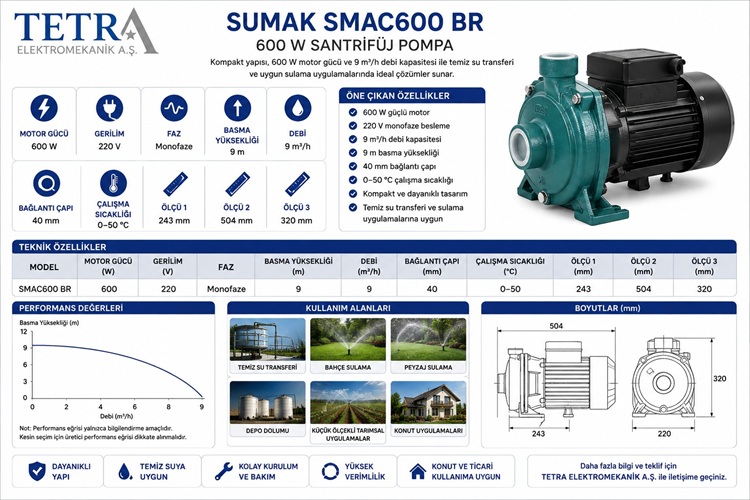SUMAK SMAC600 BR Santrifüj Pompa 600 W | Teknik Özellikler