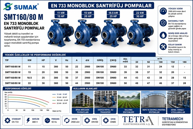 SUMAK SMT160/80 M EN 733 Monoblok Santrifüj Pompa Serisi