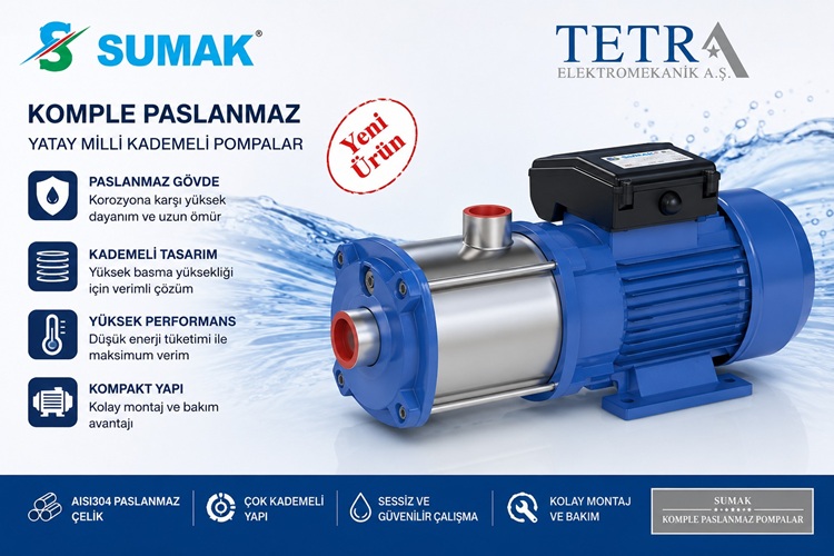 SUMAK SYMP3-75/6, SYMTP3-75/6, SYMP3-100/7 ve SYMTP3-100/7 Komple Paslanmaz Yatay Milli Kademeli Pompalar